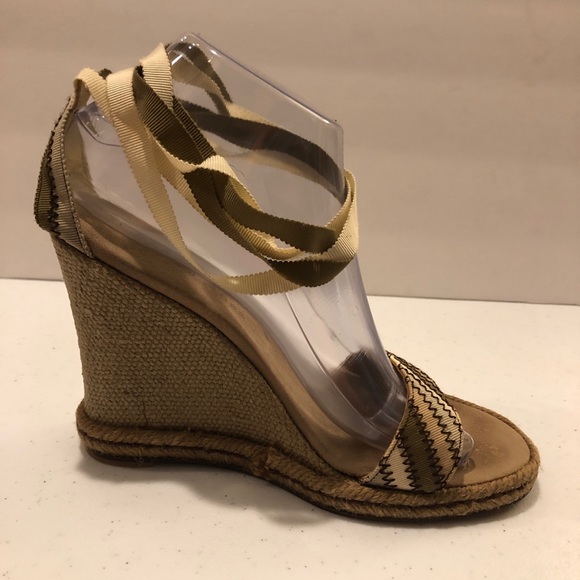 Marc Jacobs Espadrille Wedge Sandals with ribbon ankle tie- tans & greens, Sz 8 - Picture 5 of 11